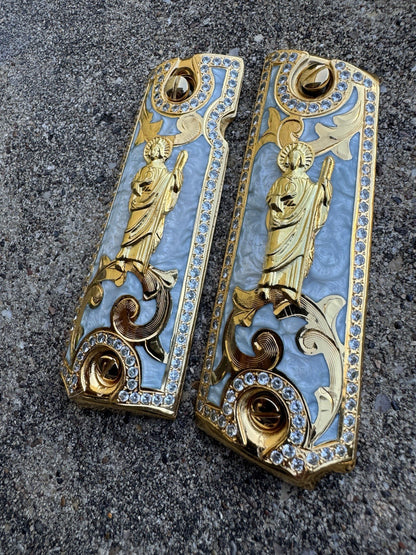 1911 ZIRCONIA 45 38 SUPER SAN JUDAS GOLD GUN PISTOL GRIP CACHAS & 24K SCREWS