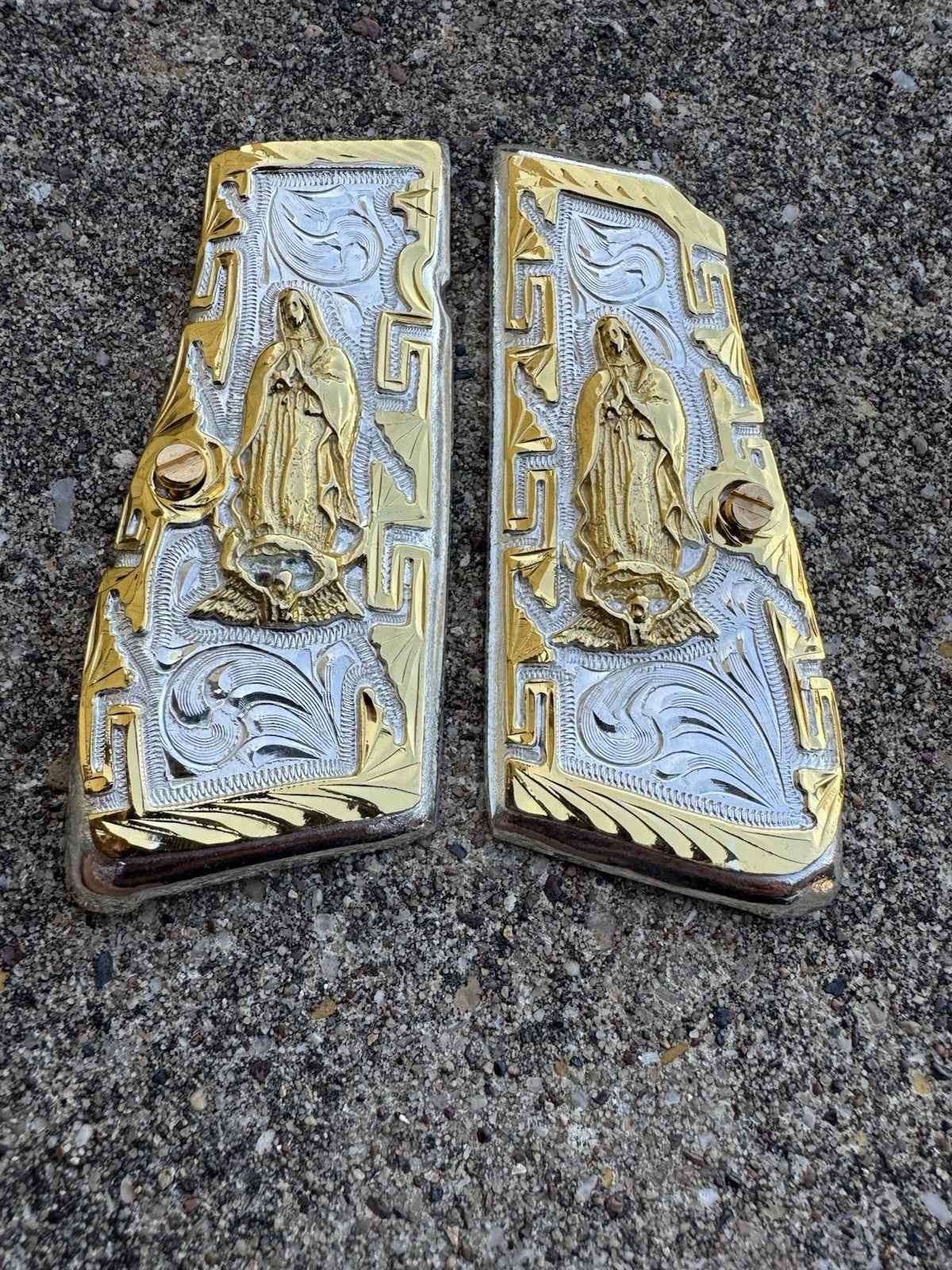 Browning Hi-Power 9mm Virgen De Guadalupe Gold Gun Pistol Grip Cachas & Screws