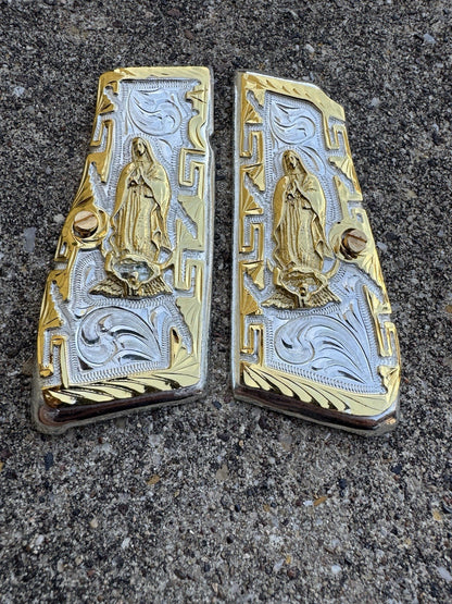 Browning Hi-Power 9mm Virgen De Guadalupe Gold Gun Pistol Grip Cachas & Screws