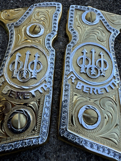 Beretta 92FS Zirconia Cachas Gold Plated Pistol Custom Grips & Screws