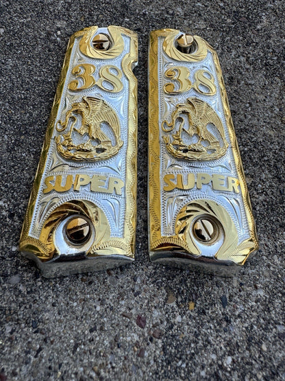 1911 45 38 Super Full Size Aguila Gold Gun Pistol Grip Cachas & 24K Screws