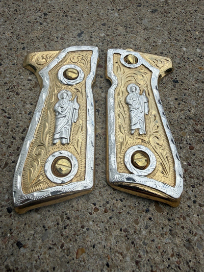 Beretta 92FS Cachas San Judas Gold Plated Pistol Custom Grips & Gold Screws