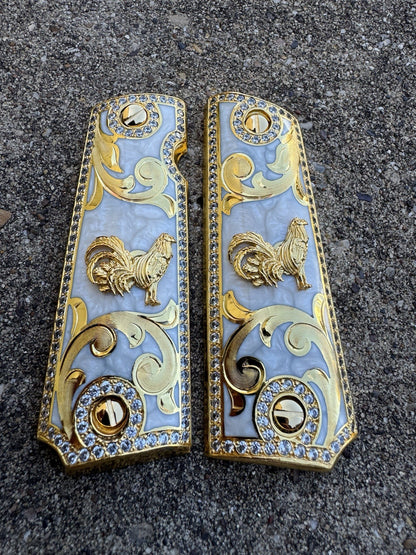 1911 ZIRCONIA 45 38 SUPER COLT GALLO GOLD GUN PISTOL GRIP CACHAS & 24K SCREW