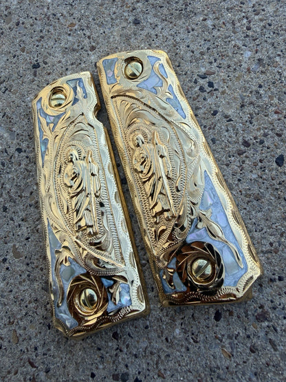 1911 45 38 Super Full Size San Judas Gold Gun Pistol Grip Cachas & 24K Screws
