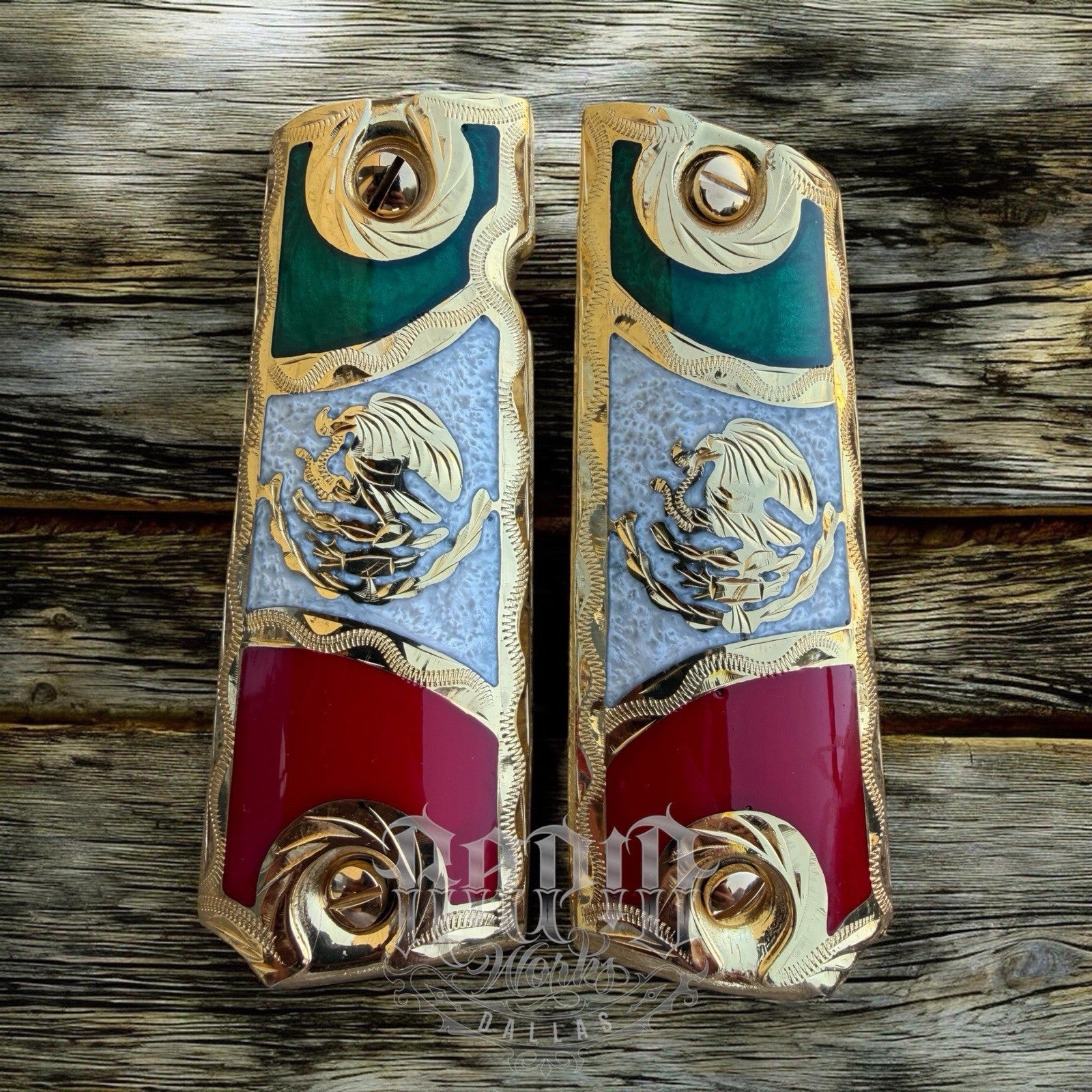 1911 45 38 Super Full Size Mexican Flag Gold Gun Pistol Grip Cachas & 24K Screws