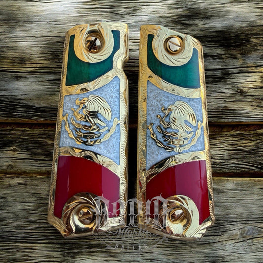 1911 45 38 Super Full Size Mexican Flag Gold Gun Pistol Grip Cachas & 24K Screws