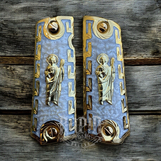 1911 45 38 Super San Judas Full Size Gold Gun Pistol Grip Cachas & 24K Screws