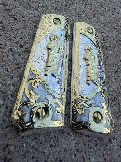1911 45 38 Super Full Size San Judas Gold Gun Pistol Grip Cachas & 24K Screws