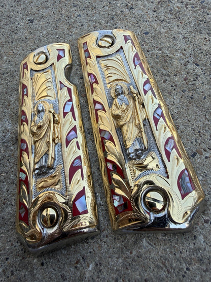 1911 45 38 Super Full Size San Judas Gold Gun Pistol Grip Cachas & 24K Screws