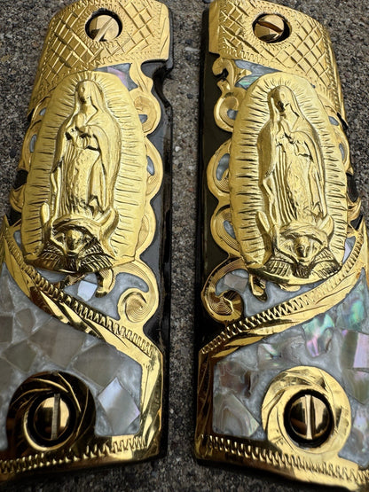 1911 45 38 Super Full Size Virgen De Guadalupe Gold Gun Grip Cachas & 24K Screws