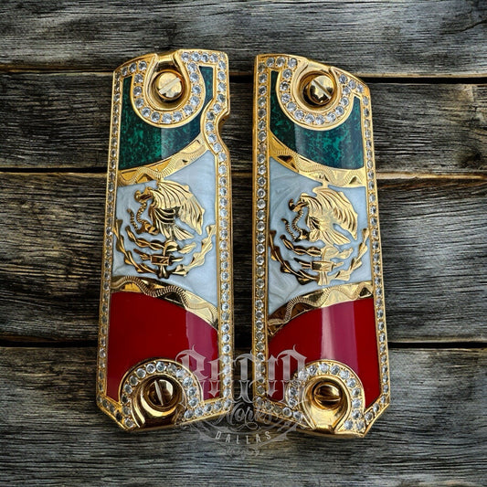 1911 ZIRCONIA 45 38 SUPER MEXICAN FLAG GOLD GUN PISTOL GRIP CACHAS & 24K SCREW