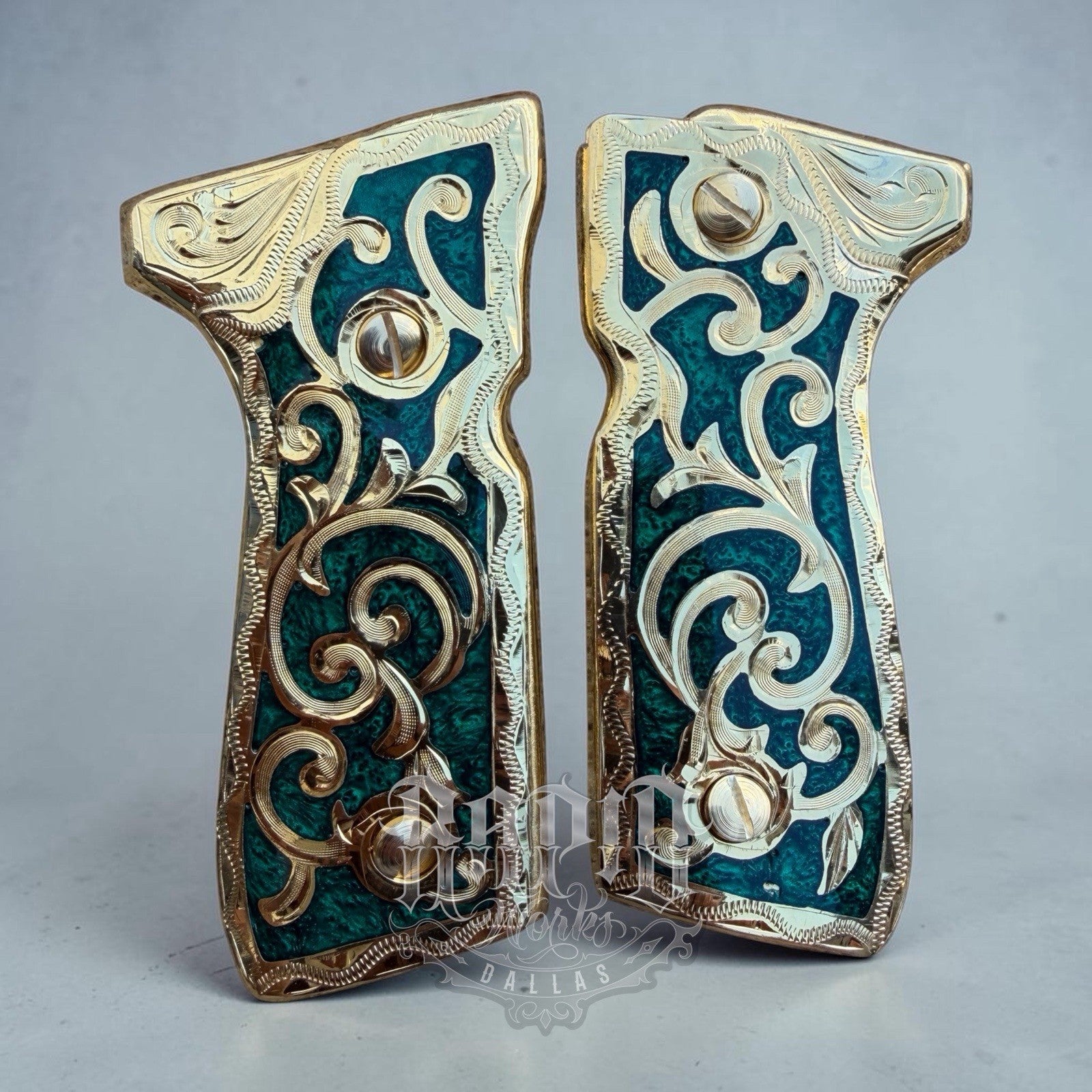 Beretta 92FS Cachas Scroll Gold Plated Pistol Custom Grips & Gold Screws