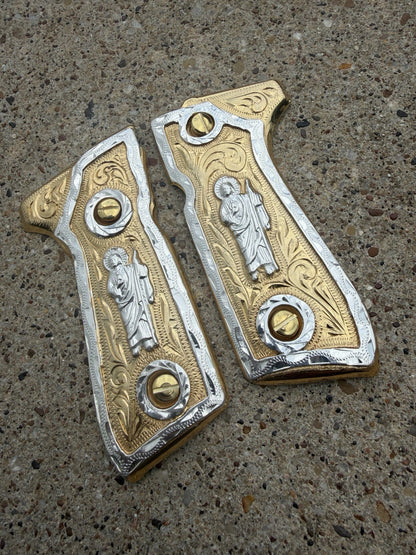Beretta 92FS Cachas San Judas Gold Plated Pistol Custom Grips & Gold Screws
