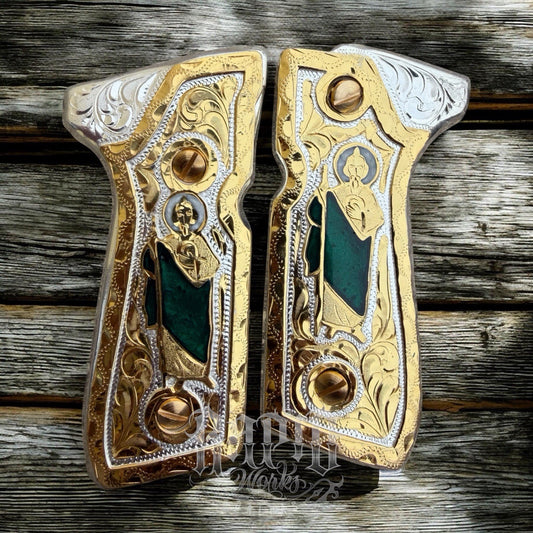 Beretta 92FS Cachas San Judas Gold Plated Pistol Custom Grips & Gold Screws