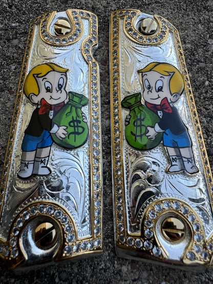 1911 ZIRCONIA 45 38 SUPER RICHIE RICH GOLD GUN PISTOL GRIP CACHAS & 24K SCREWS