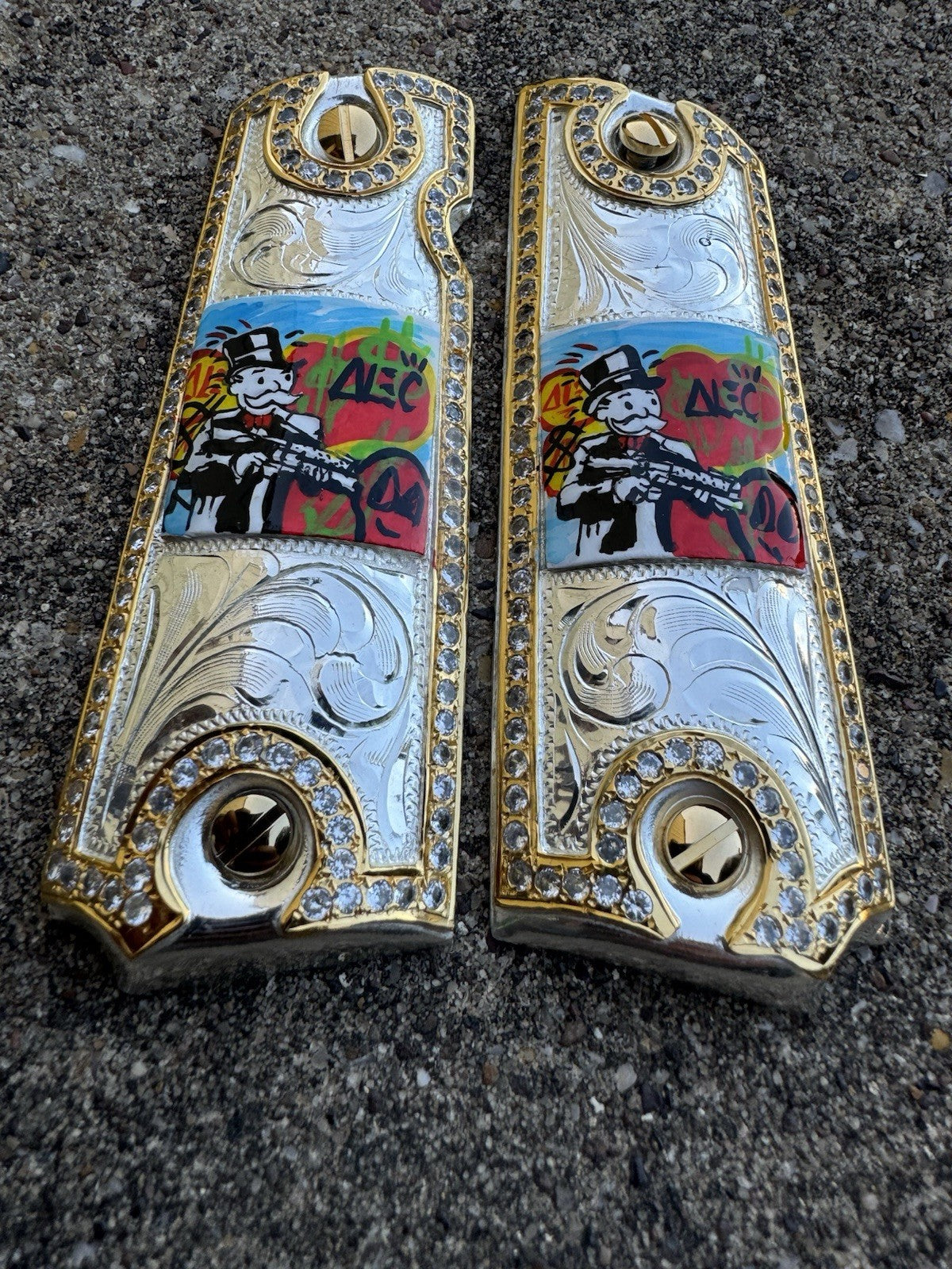 1911 ZIRCONIA 45 38 SUPER MONOPOLY GOLD GUN PISTOL GRIP CACHAS & 24K SCREWS