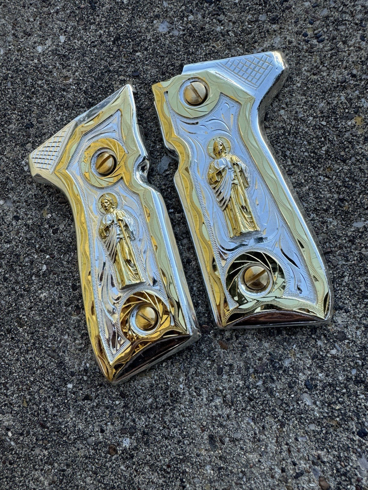 Beretta 92FS Cachas San Judas Gold Plated Pistol Custom Grips & Gold Screws