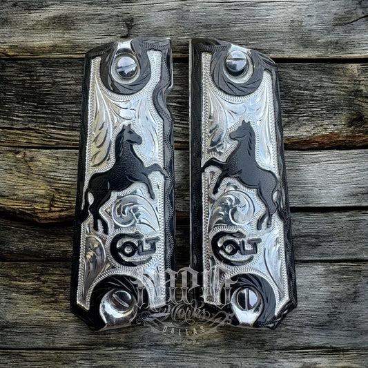 1911 45 38 Super Colt Horse Full Size Gun Pistol Grip Cachas & Polished Screws