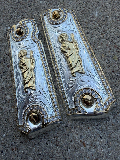 1911 ZIRCONIA 45 38 SUPER SAN JUDAS GOLD GUN PISTOL GRIP CACHAS & 24K SCREWS