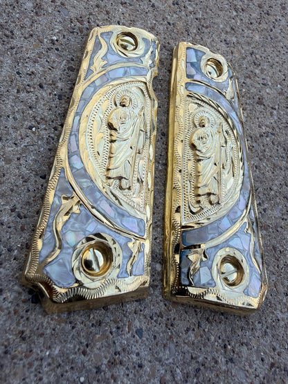 1911 45 38 Super Full Size San Judas Gold Gun Pistol Grip Cachas & 24K Screws