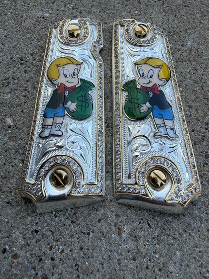 1911 ZIRCONIA 45 38 SUPER RICHIE RICH GOLD GUN PISTOL GRIP CACHAS & 24K  SCREWS