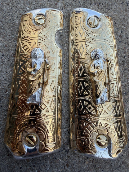 1911 45 38 Super Full Size San Judas Gold Gun Pistol Grip Cachas & 24K Screws