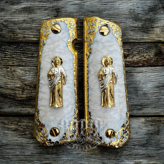 1911 45 38 Super Full Size San Judas Gold Gun Pistol Grip Cachas & 24K Screws