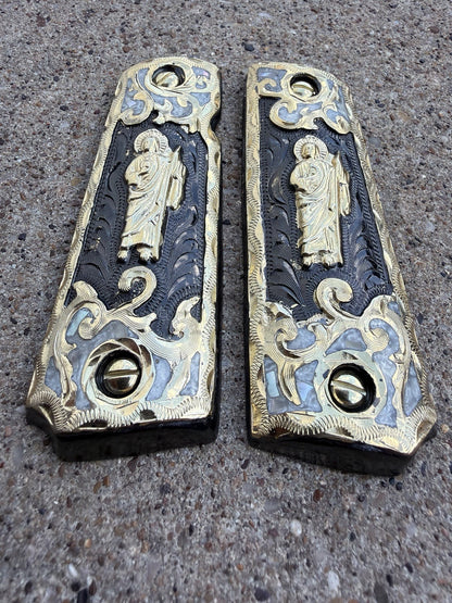 1911 45 38 Super Full Size San Judas Gold Gun Pistol Grip Cachas & 24K Screws