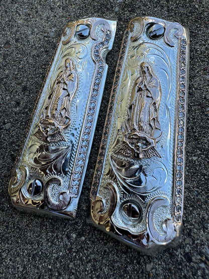 1911 ZIRCONIA 45 38 SUPER VIRGEN DE GUADALUPE ROSE GOLD GUN PISTOL GRIP CACHAS