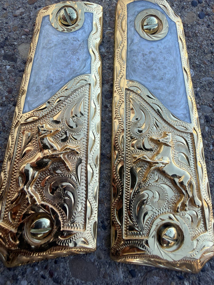 1911 45 38 Super Full Size Horse Gold Gun Pistol Grip Cachas  & 24K Screws
