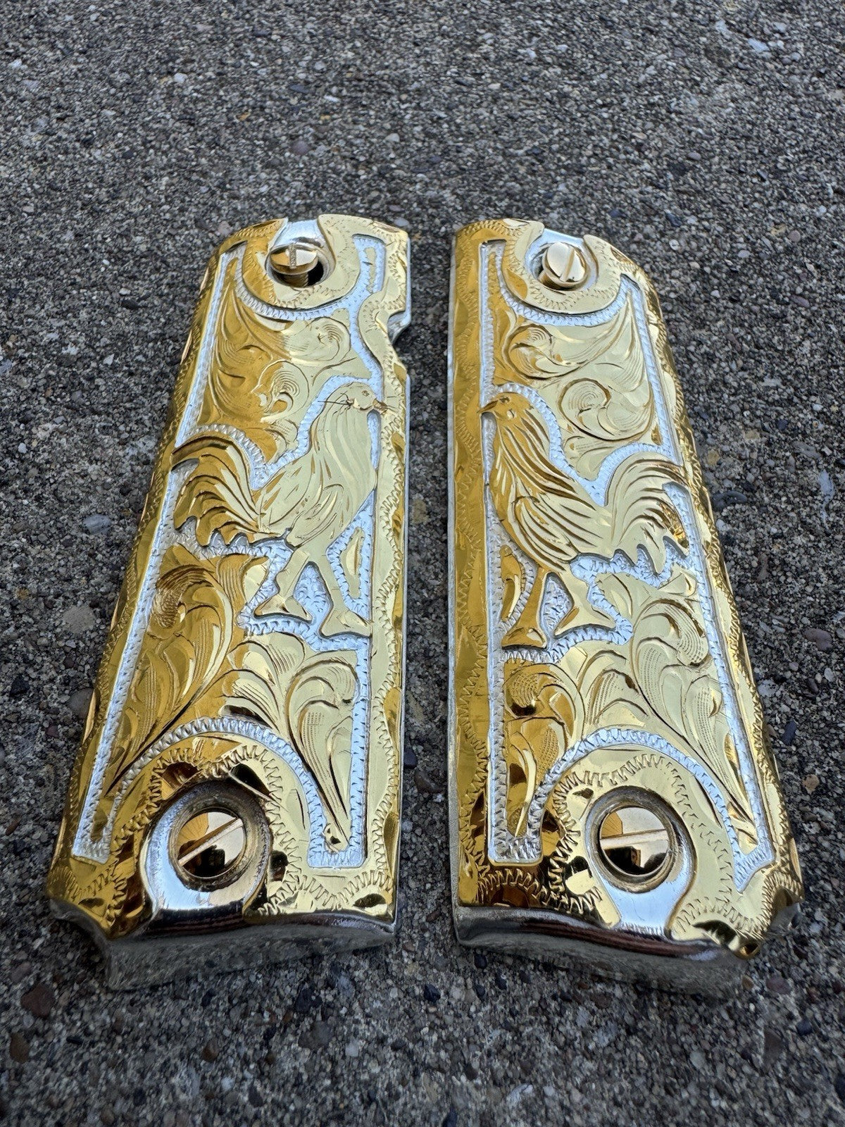 1911 45 38 Super Full Size Gallo Gold Gun Pistol Grip Cachas Chapeado &24K Screw