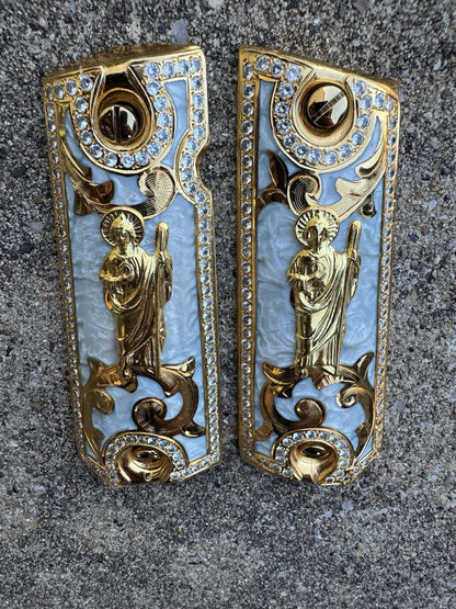1911 ZIRCONIA 45 38 SUPER SAN JUDAS GOLD GUN PISTOL GRIP CACHAS & 24K SCREWS