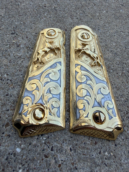1911 45 38 Super Full Size Horse Gold Gun Pistol Grip Cachas & 24K Screws