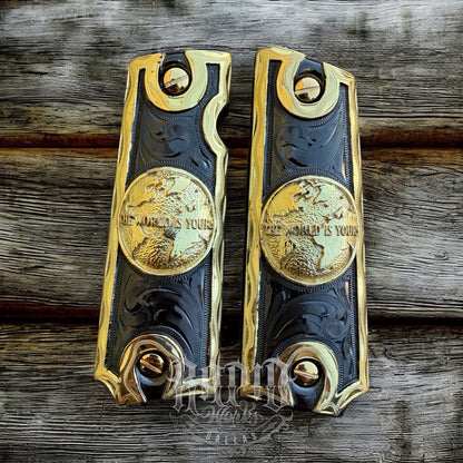 1911 45 38 Super Full Size World Is Yours Gold Gun Pistol Grip Cachas & 24KScrew