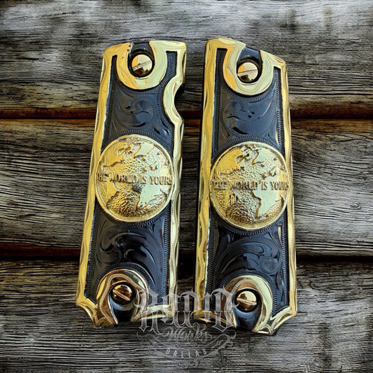1911 45 38 Super Full Size World Is Yours Gold Gun Pistol Grip Cachas & 24KScrew