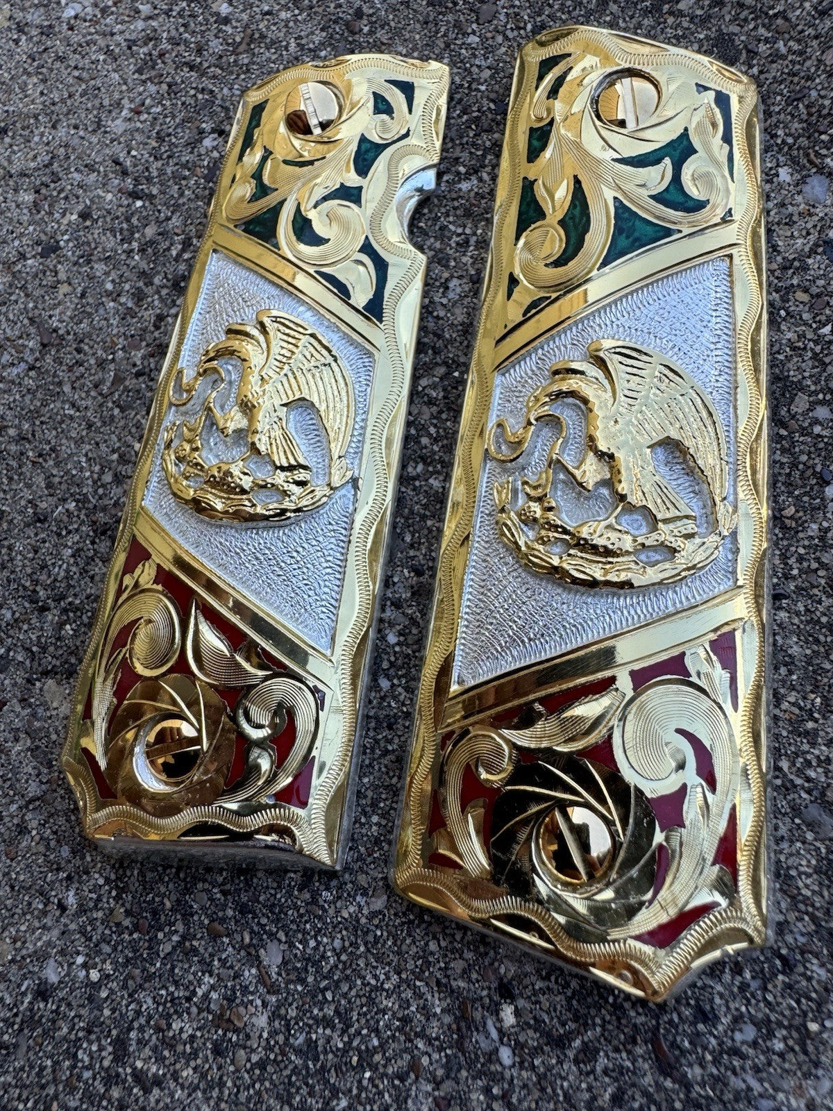 1911 45 38 Super Full Size Mexican Flag Gold Gun Pistol Grip Cachas & 24K Screws