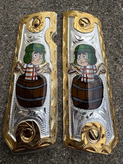 1911 45 38 Super Full Size El Chavo Gold Gun Pistol Grip Cachas & 24K Screws
