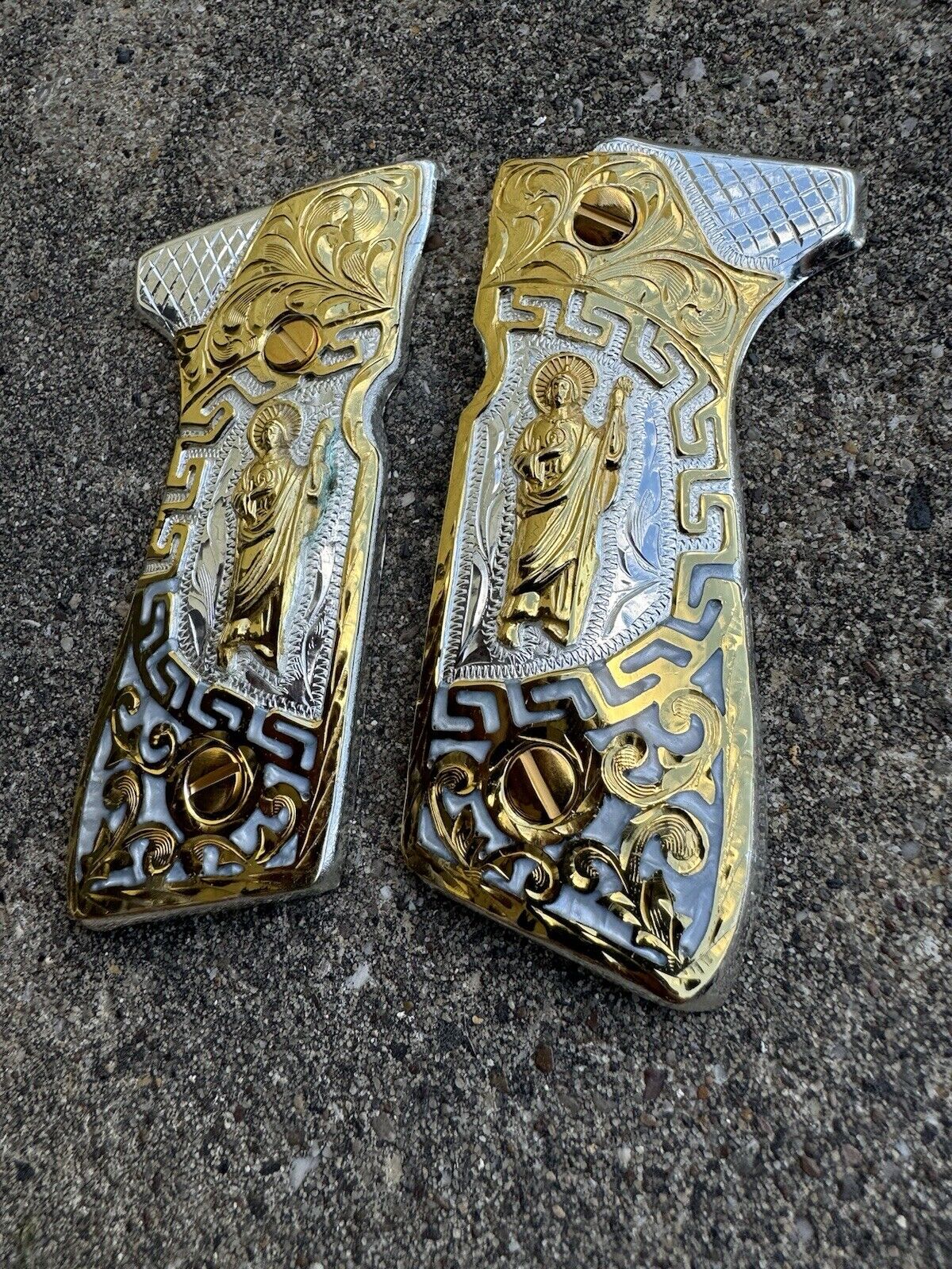 Beretta 92FS Cachas San Judas Gold Plated Pistol Custom Grips & Gold Screws