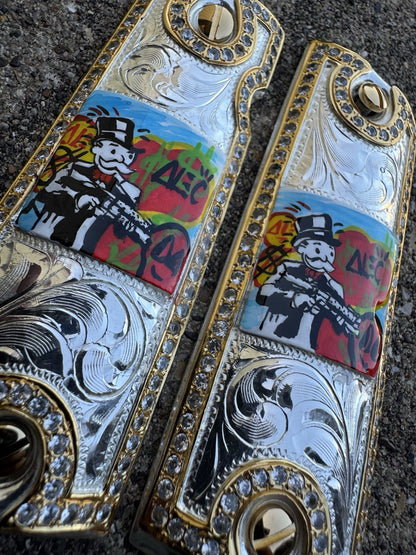 1911 ZIRCONIA 45 38 SUPER MONOPOLY GOLD GUN PISTOL GRIP CACHAS & 24K SCREWS