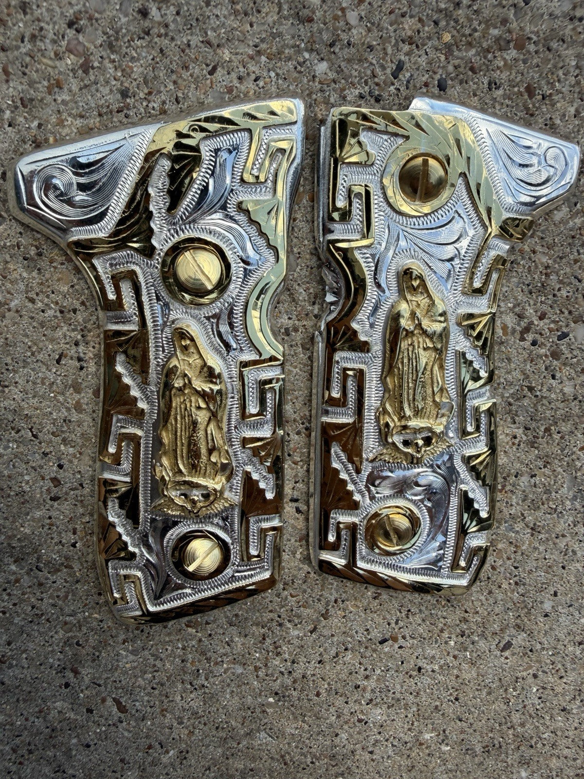 Beretta 92FS Cachas Virgen De Guadalupe Gold Plated Pistol Grips & Gold Screws