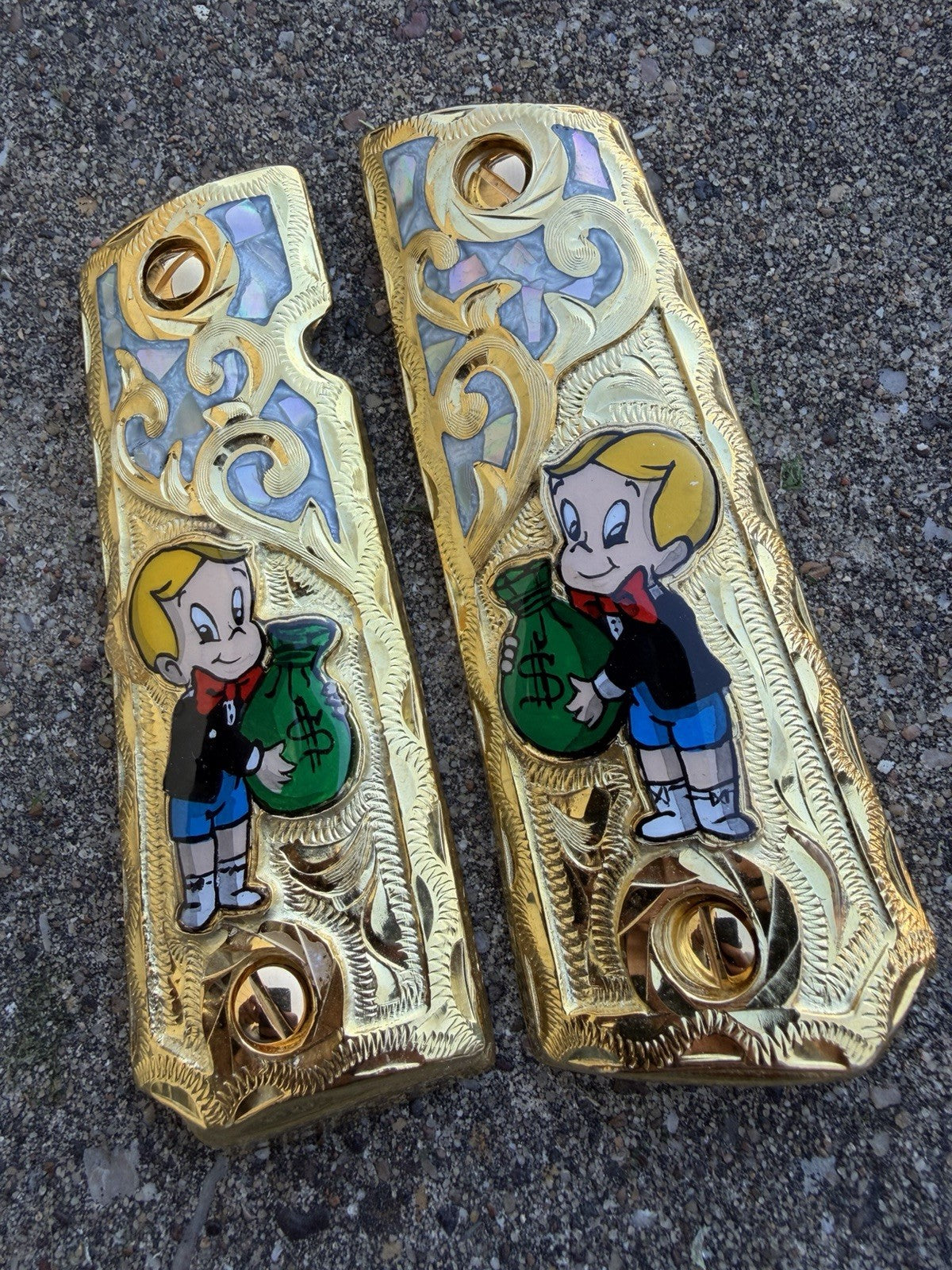 1911 45 38 Super Full Size Richie Rich Gold Gun Pistol Grip Cachas & 24K Screws