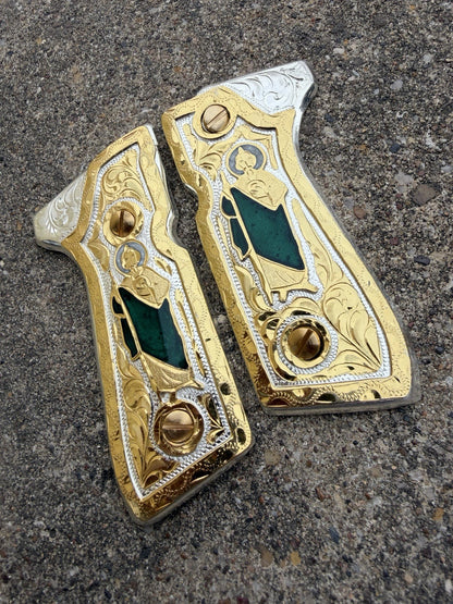 Beretta 92FS Cachas San Judas Gold Plated Pistol Custom Grips & Gold Screws