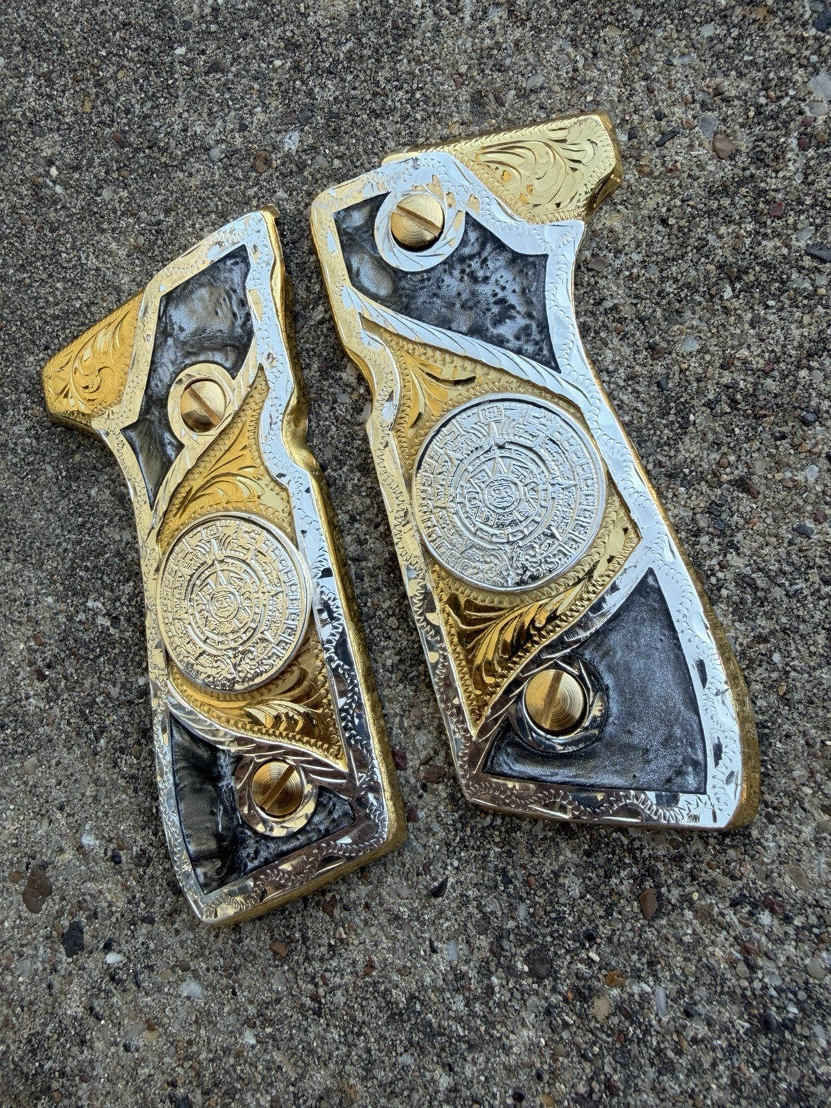 Beretta 92FS Cachas Azteca Gold Plated Pistol Custom Grips & Gold Screws