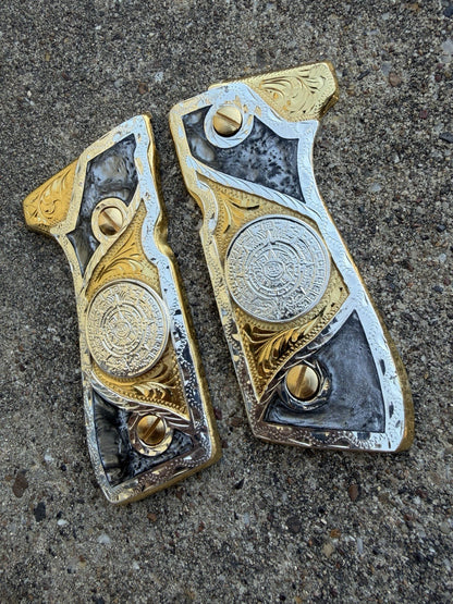 Beretta 92FS Cachas Azteca Gold Plated Pistol Custom Grips & Gold Screws