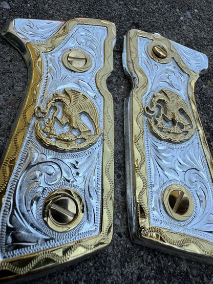Beretta 92FS Cachas Mexican Eagle Gold Plated Pistol Custom Grips & Gold Screws