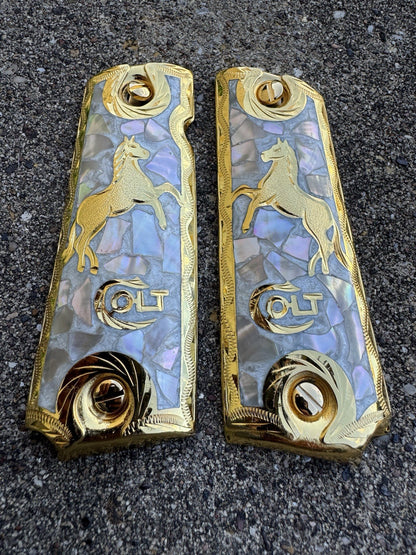 1911 45 38 Super Full Size Colt Horse Gold Gun Pistol Grip Cachas & 24K Screws