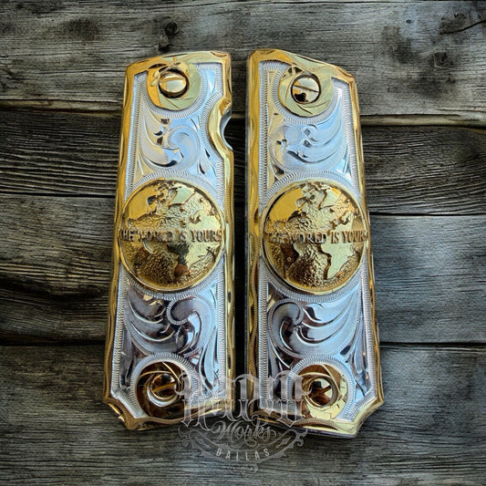 1911 45 38 Super Full Size WORLD IS YOURS Gold Gun Pistol Grip Cachas & 24KScrew