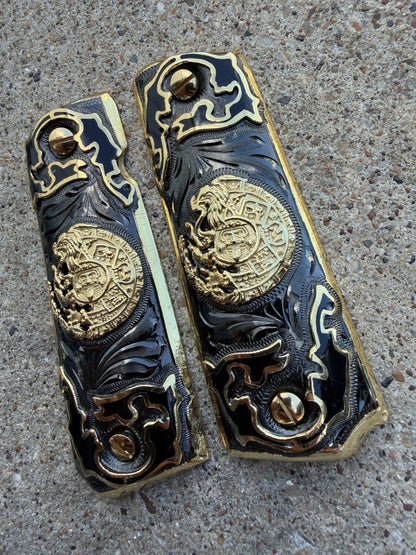 1911 45 38 Super Full Size Azteca Gold Gun Pistol Grip Cachas & 24K Screws