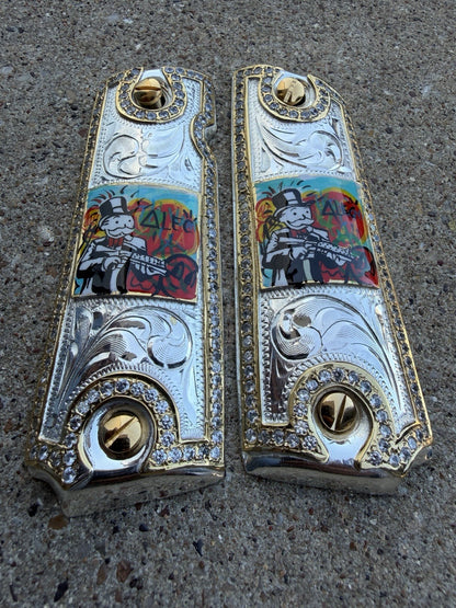 1911 ZIRCONIA 45 38 SUPER MONOPOLY GOLD GUN PISTOL GRIP CACHAS & 24K  SCREWS