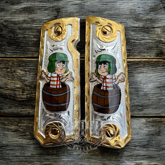 1911 45 38 Super Full Size El Chavo Gold Gun Pistol Grip Cachas & 24K Screws